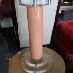 Pair Mid Century Bauer Lucite and Brass Lamps sans shades