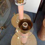 Pair Mid Century Bauer Lucite and Brass Lamps sans shades