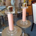 Pair Mid Century Bauer Lucite and Brass Lamps sans shades