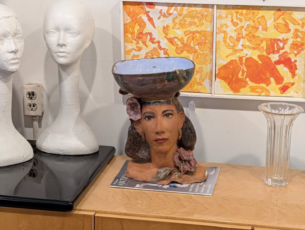 Folk Art Ceramic Bust with Bowl