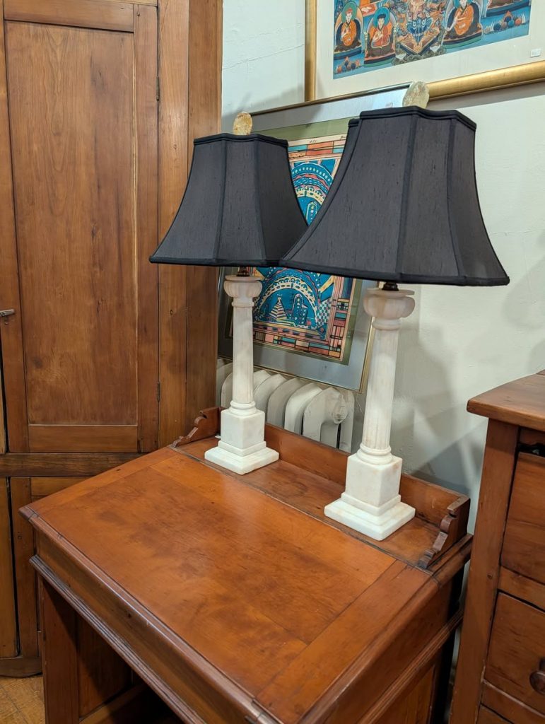 Pair Marble Column Table Lamps