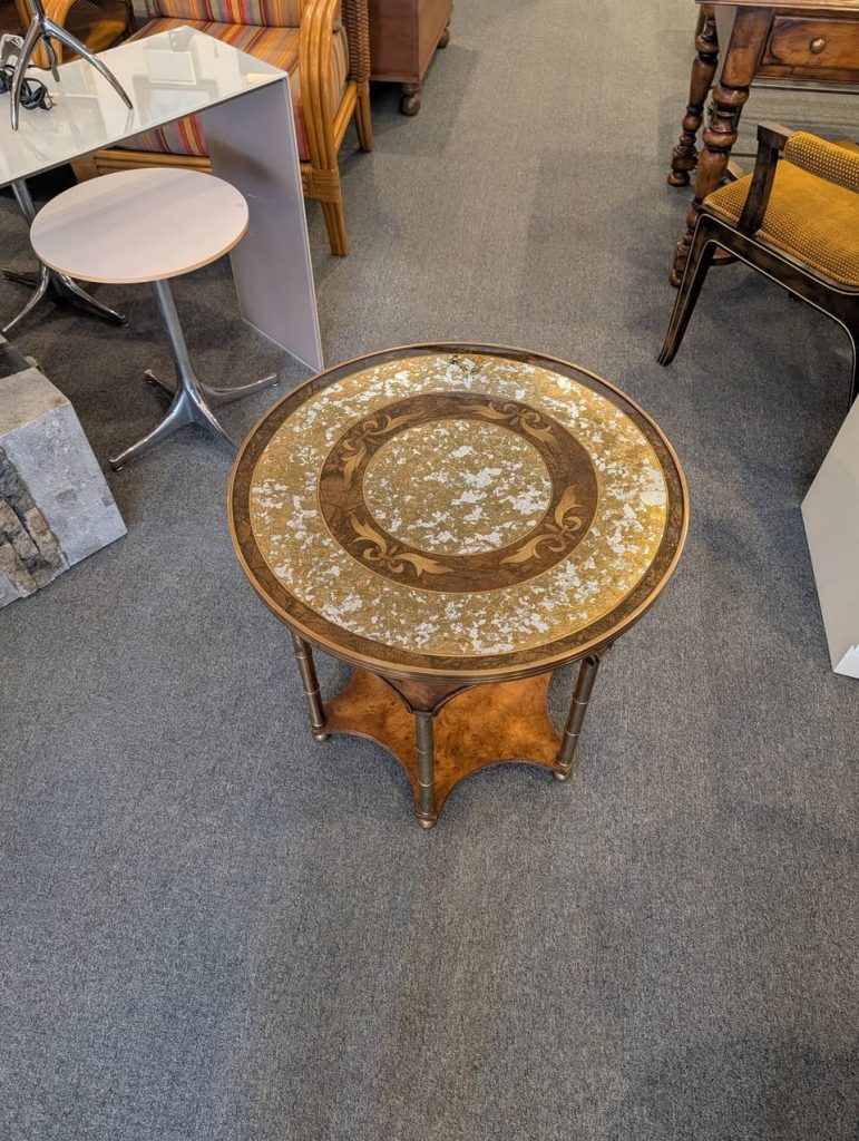 Verre Eglomise, Burl and Brass Side Table