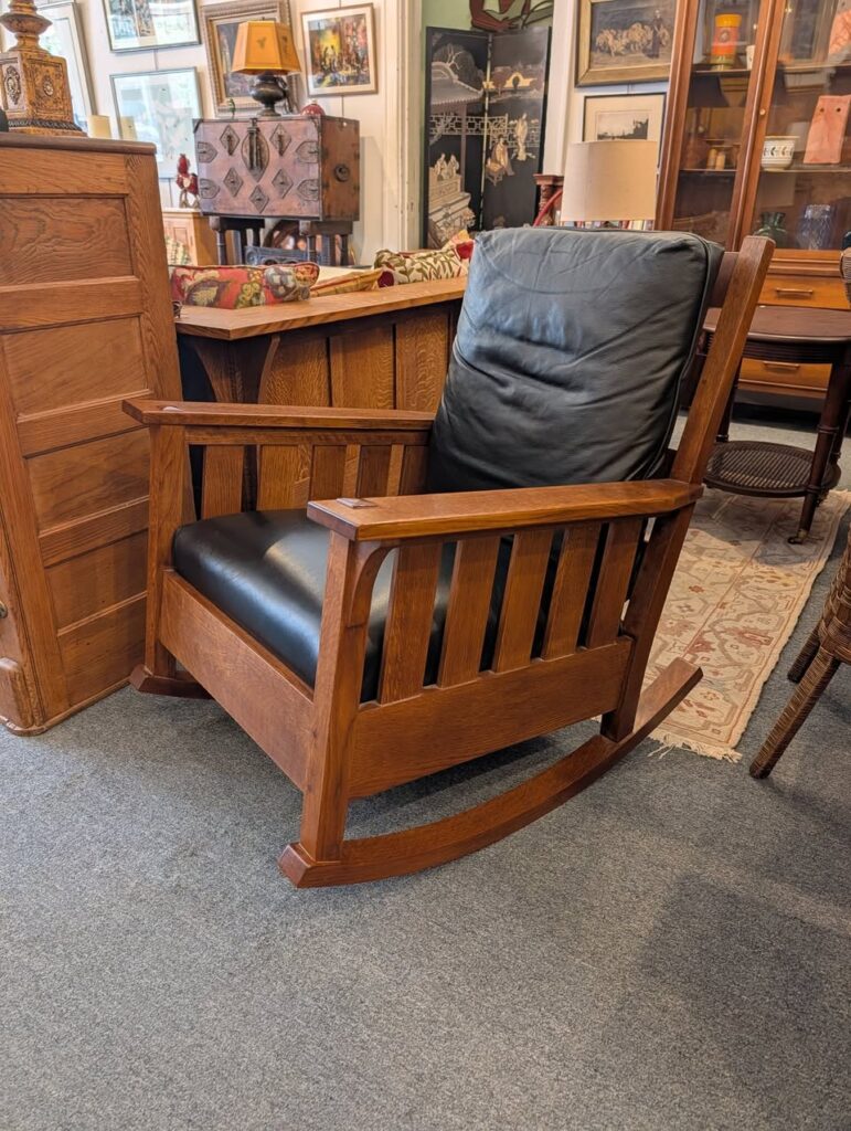 Stickley Mission Oak Rocking Chair in Black Leather